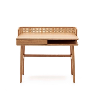 Kave Home - Araxi tafel in fineer, massief essen en rotan 105 x 62 cm