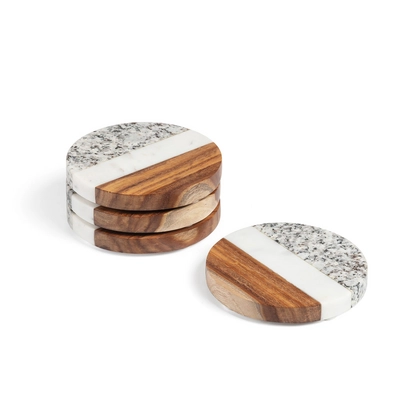 Kave Home - Cataleg set 4 ronde onderzetters wit grijs marmer en mango