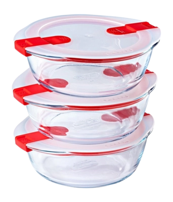 Pyrex Cook & Heat Ovenschaal Rond met Deksel 1,1 L Set van 3